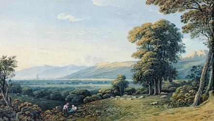 Hvilende figurer på en skråning med et kirketårn i baggrunden, 1825